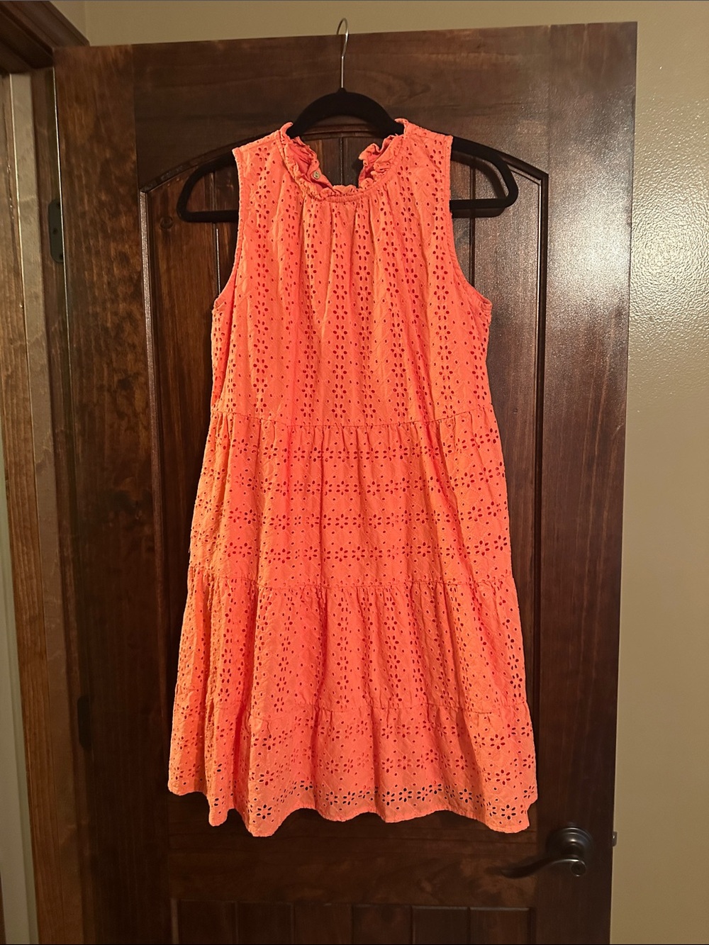 LOFT Coral Eyelet Tiered Midi Dress